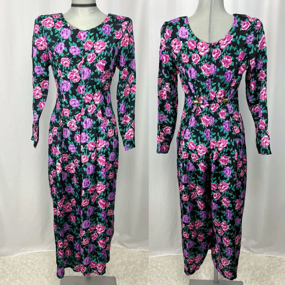 Vintage 90s black grunge floral long sleeve wide leg jumpsuit small - Picture 4 of 6